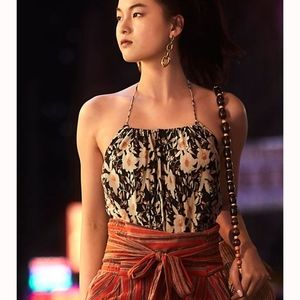 FREE PEOPLE Liza Halter Bodysuit Blk Floral Print